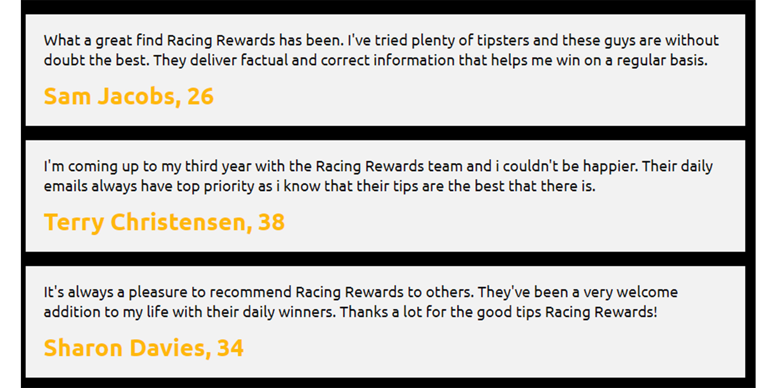 Racing Reward customer review