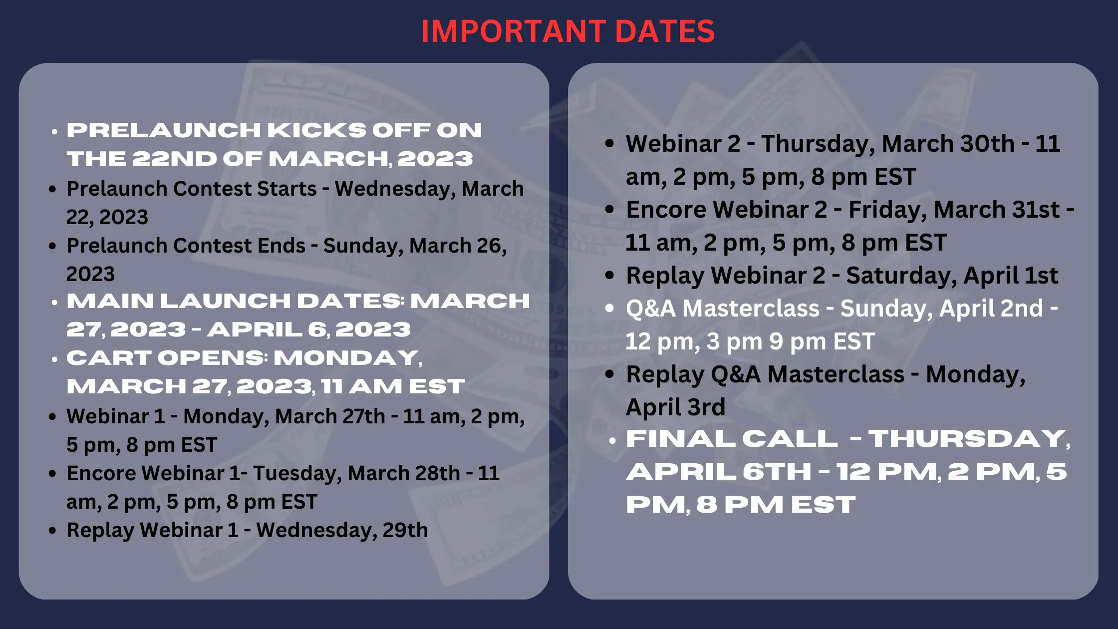 Project Platinum Important Dates